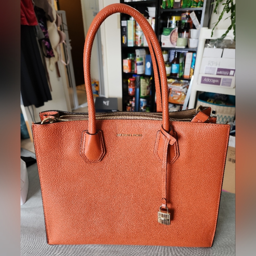 Michael Kors Burnt Orange Textured Leather Satchel with Padlock Charm and Strap